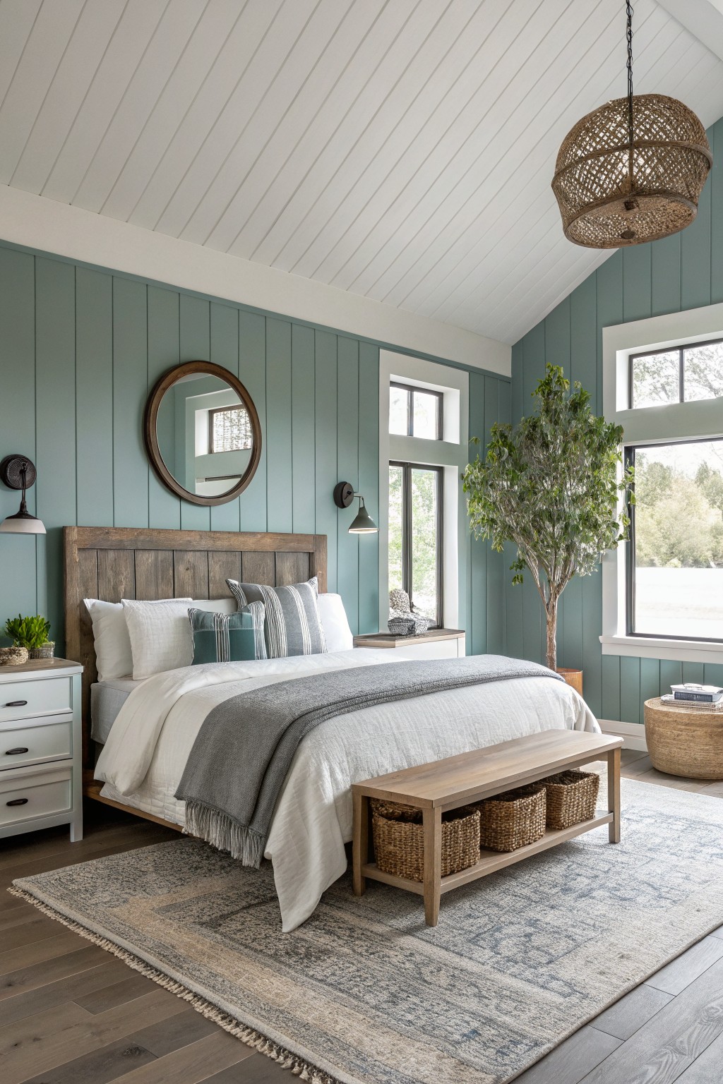 Bedroom walls painted in a soft teal blue with wood accents.