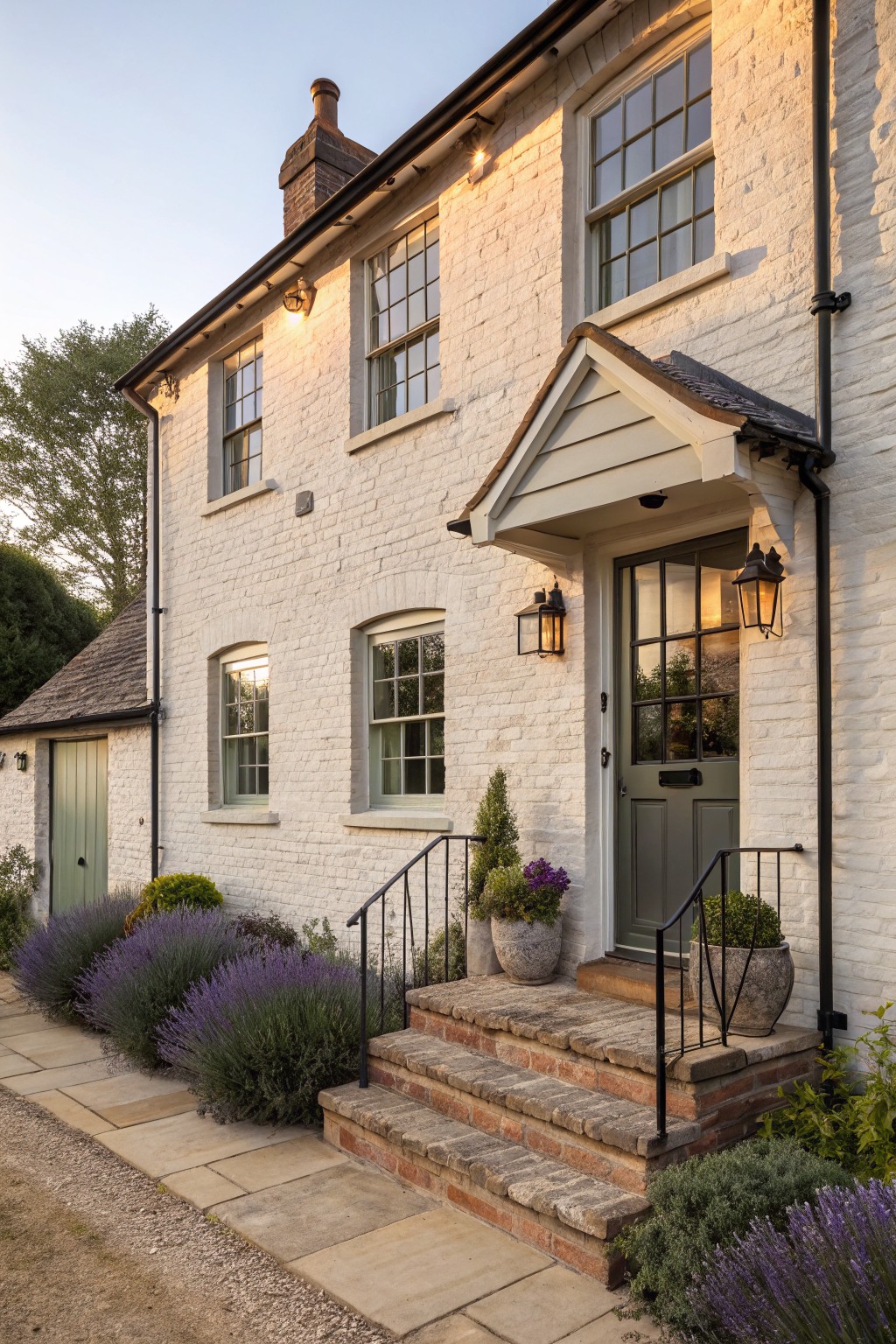White painted brick exterior on a modern farmhouse with dark trim and steps.