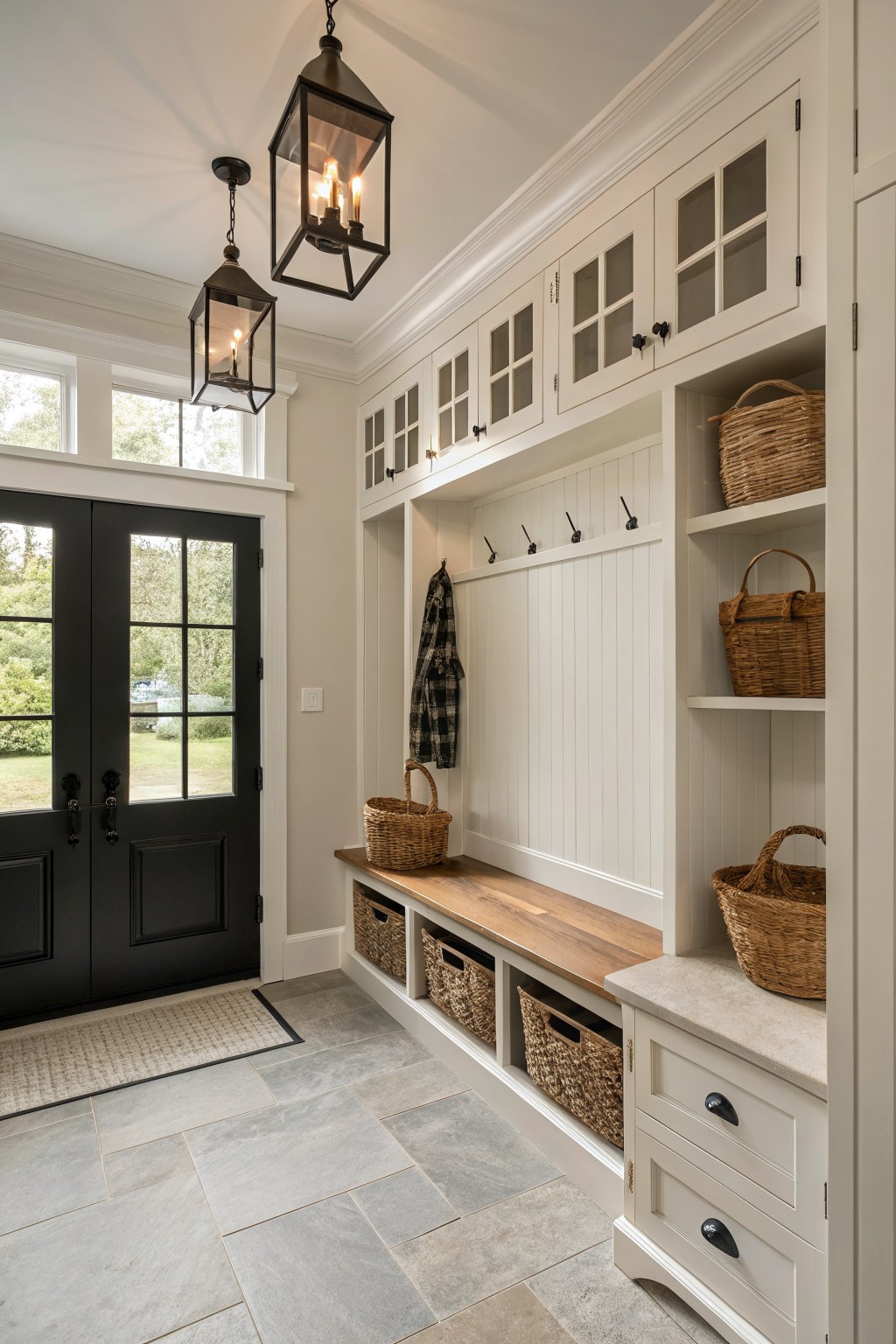 White built-in cabinets and bench in a farmhouse mudroom.