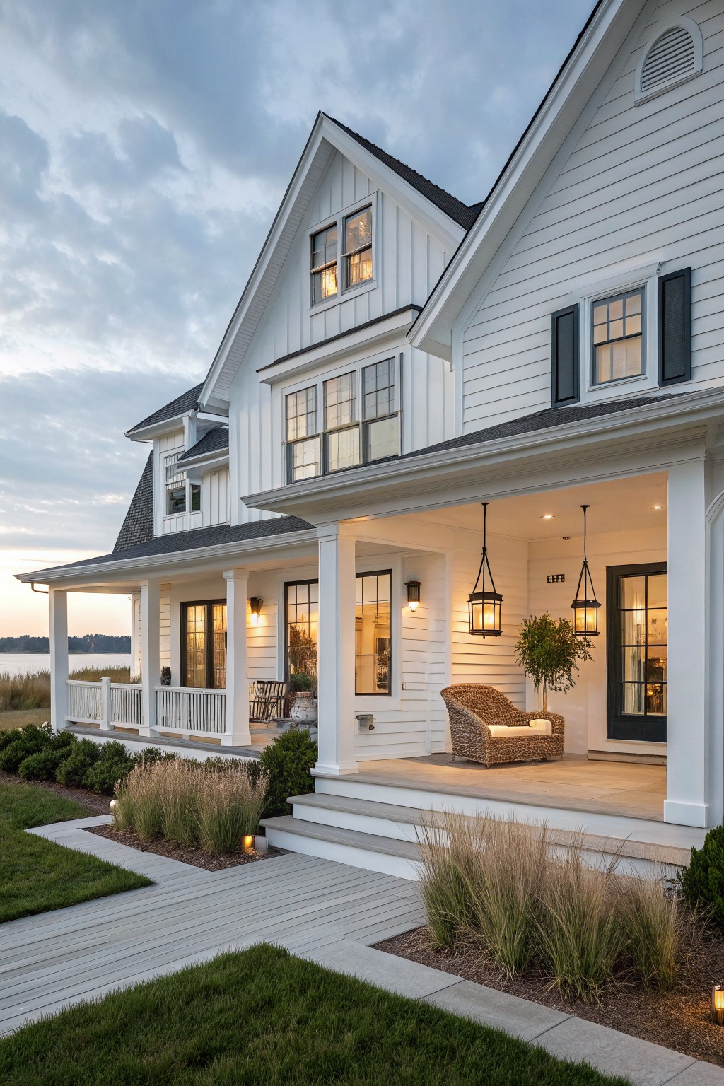 White painted siding on a modern farmhouse exterior with black window frames.