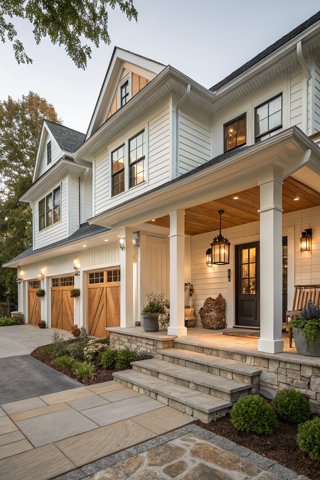 A modern farmhouse exterior with clean white siding and a stone porch.