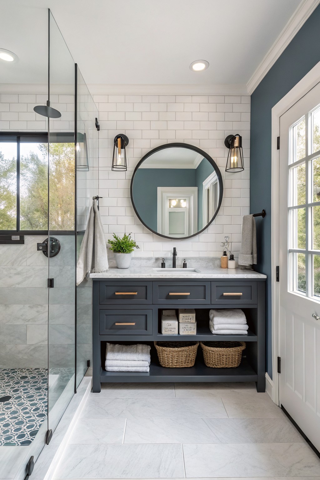 A bathroom with deep blue gray walls and a matching painted vanity.