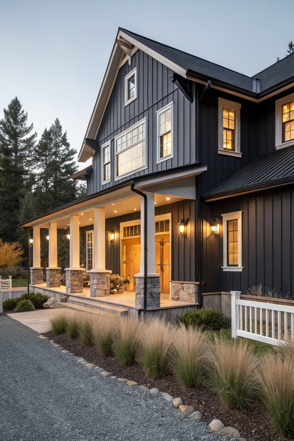 Dark black siding on a modern farmhouse exterior with white trim and a stone porch base.