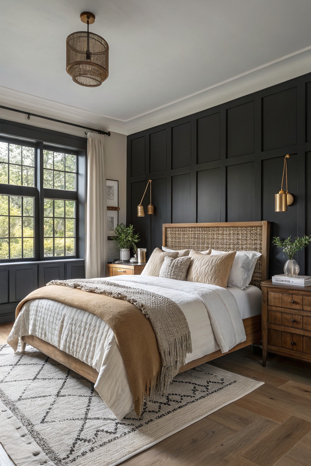 A bedroom featuring a deep black paneled accent wall behind a wooden bed frame.