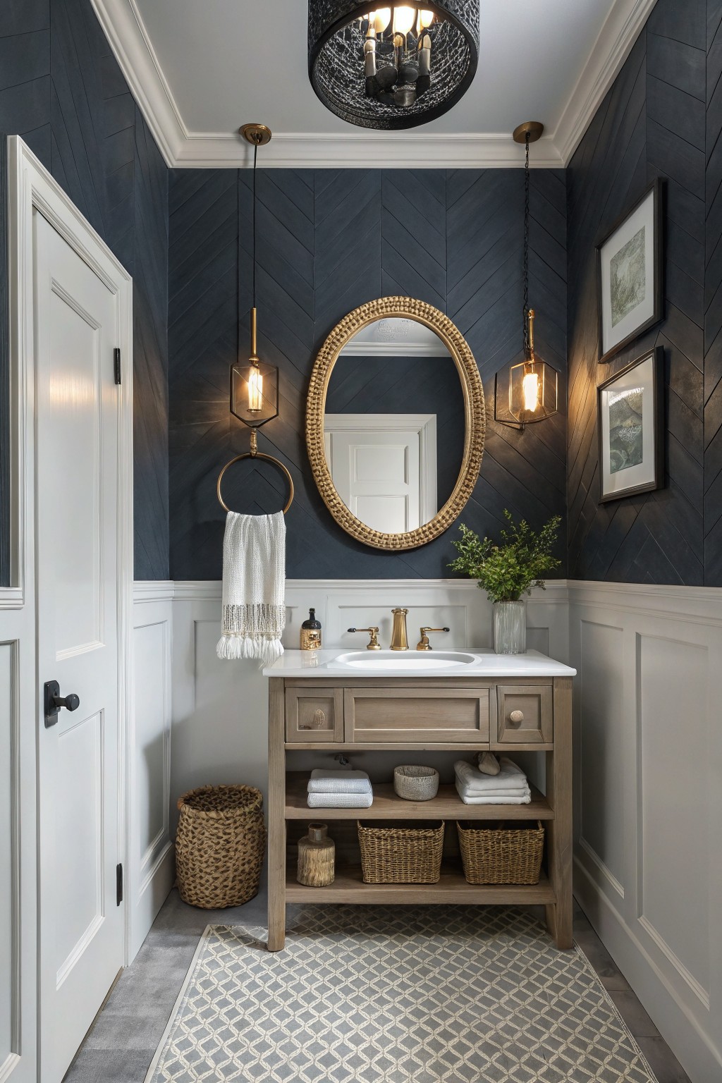 A bathroom featuring deep navy herringbone walls paired with white wainscoting and light wood vanity.