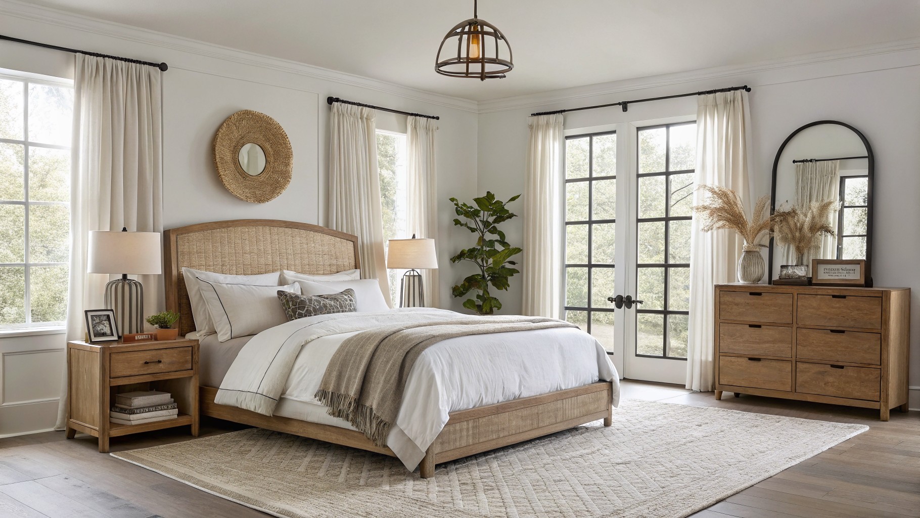 A bedroom with soft white walls and wood accents.