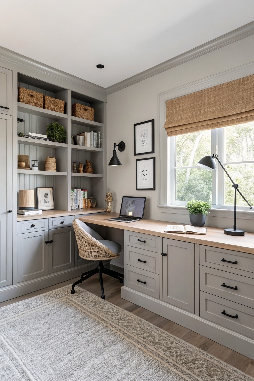 Built-in cabinetry painted in a soft greige tone in a modern farmhouse home office.