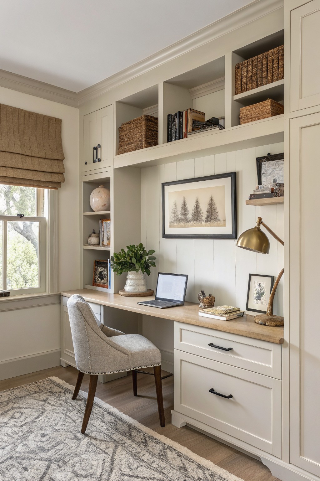 Built-in cabinetry painted in a soft greige color in a home office.