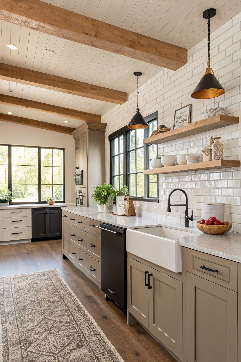 Kitchen cabinets painted in a soft greige tone next to a white farmhouse sink and subway tile backsplash.