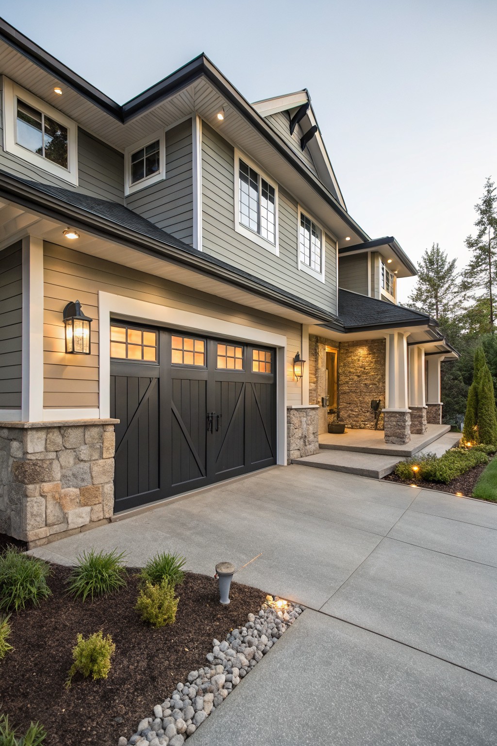 Modern farmhouse exterior with soft gray-green greige siding and black garage doors.