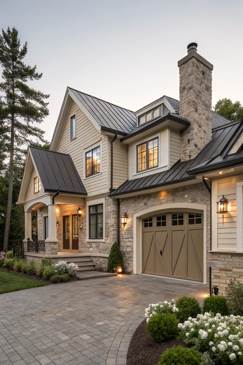 Light greige siding covers the exterior walls of this modern farmhouse.