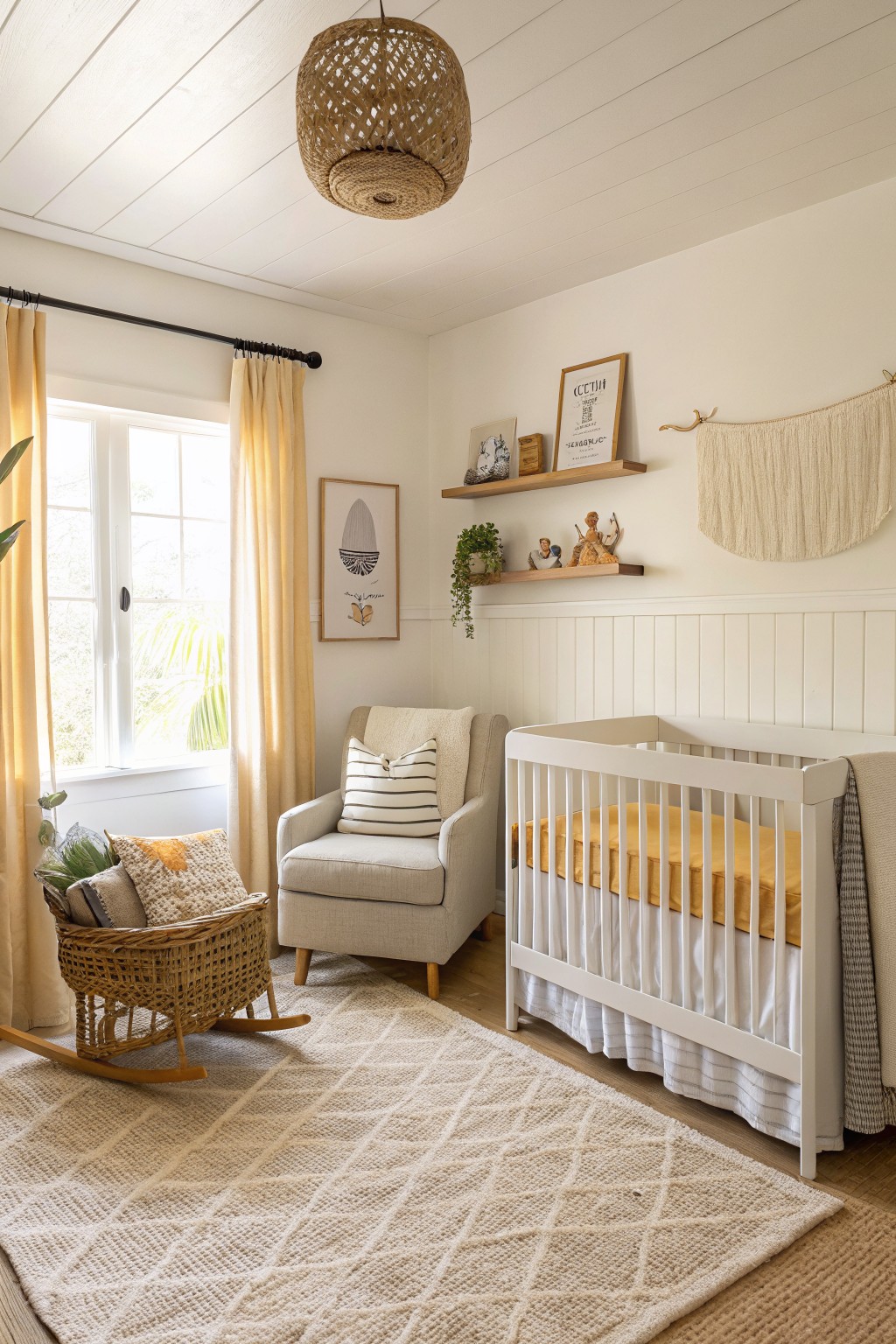 Cozy neutral nursery with white crib, beige armchair, wicker rocker, and woven rug.