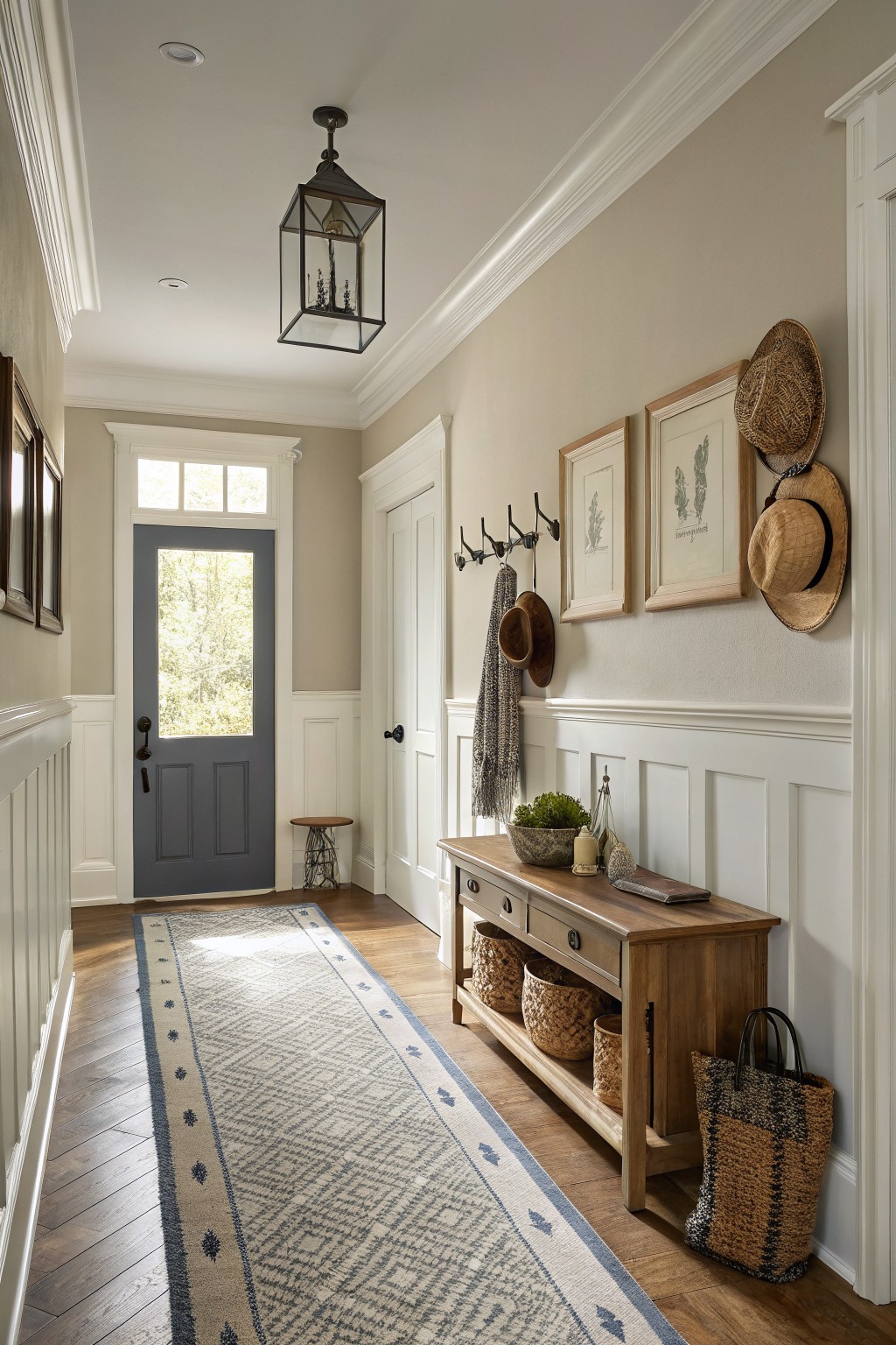 Hallway with soft greige walls above white wainscoting and wood flooring.