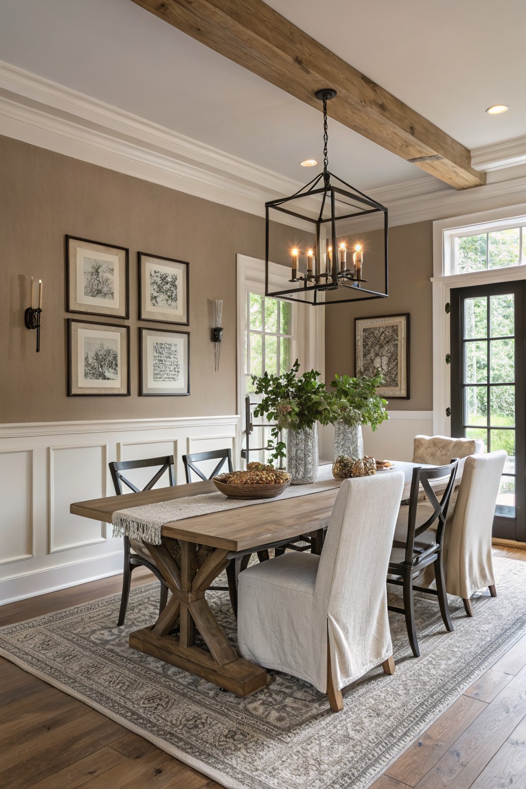 Dining room with warm greige walls above white wainscoting.