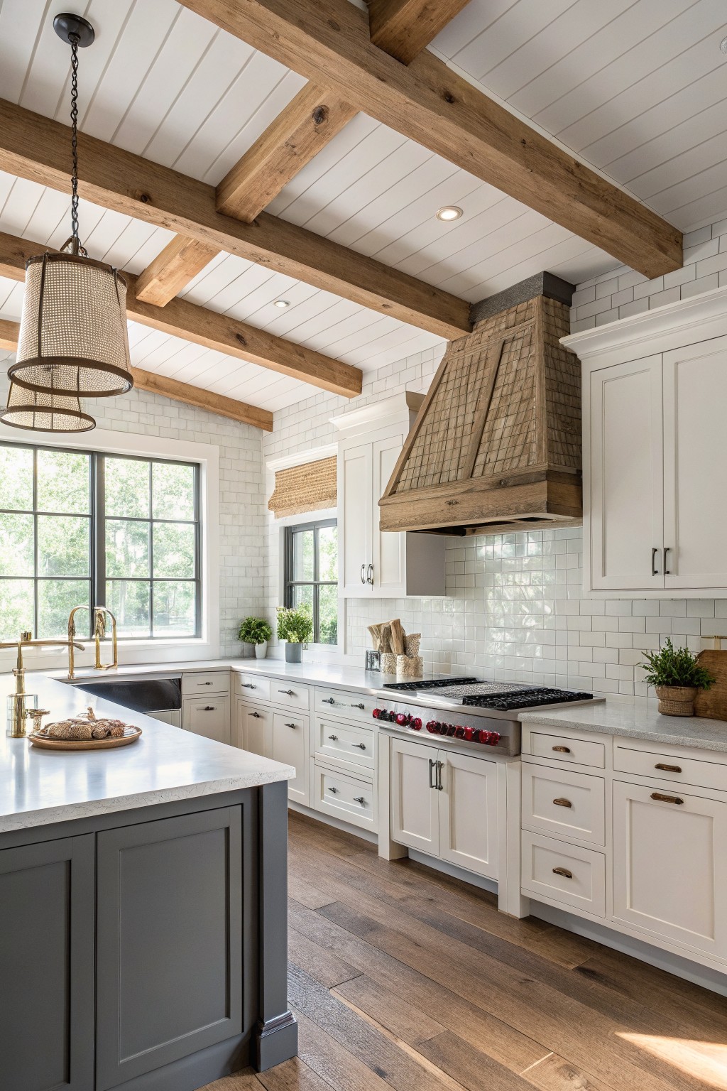 White kitchen cabinets with a dark gray island in a modern farmhouse kitchen.