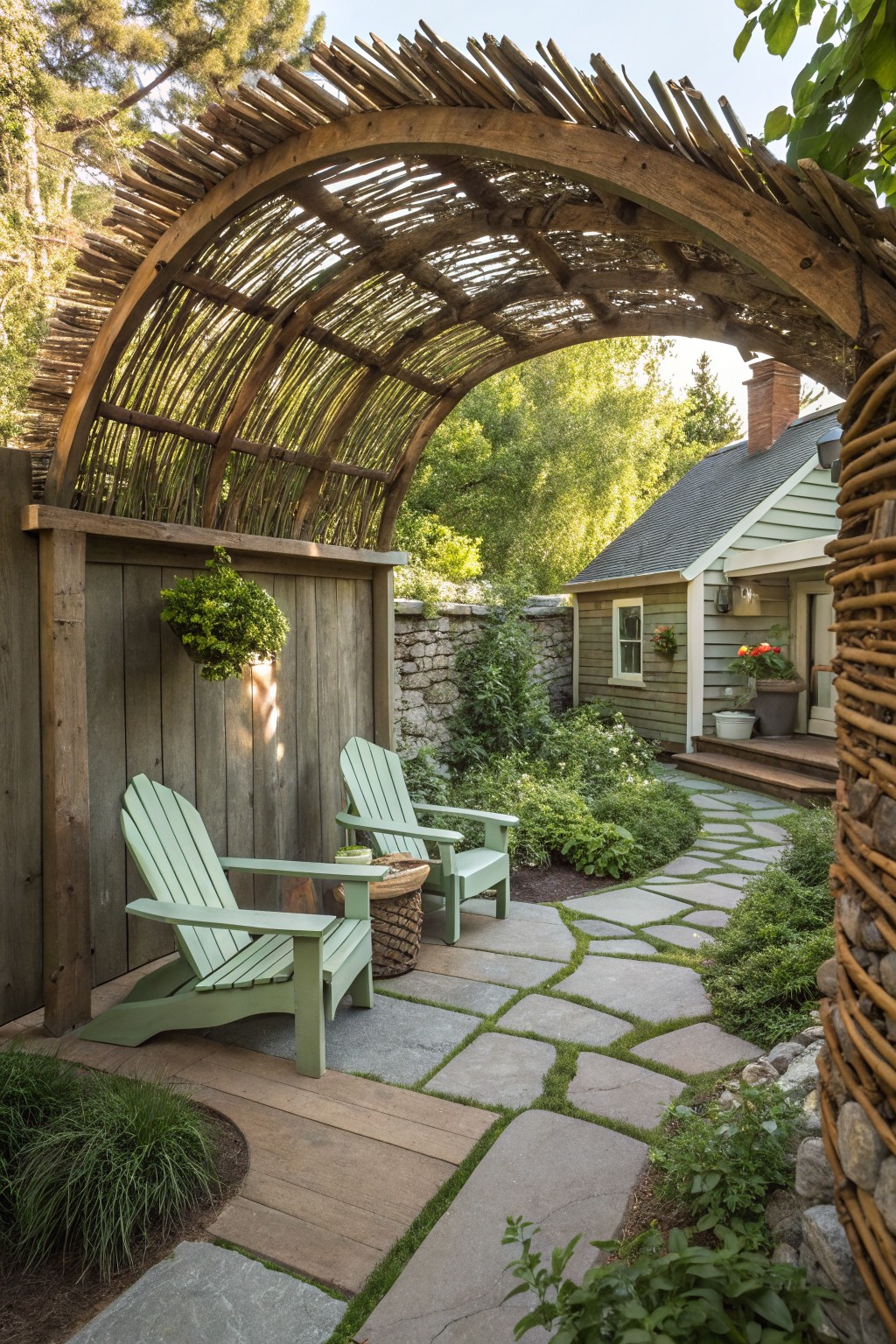 A rustic wooden branch arbor covers two green Adirondack chairs on a stone path next to a house.