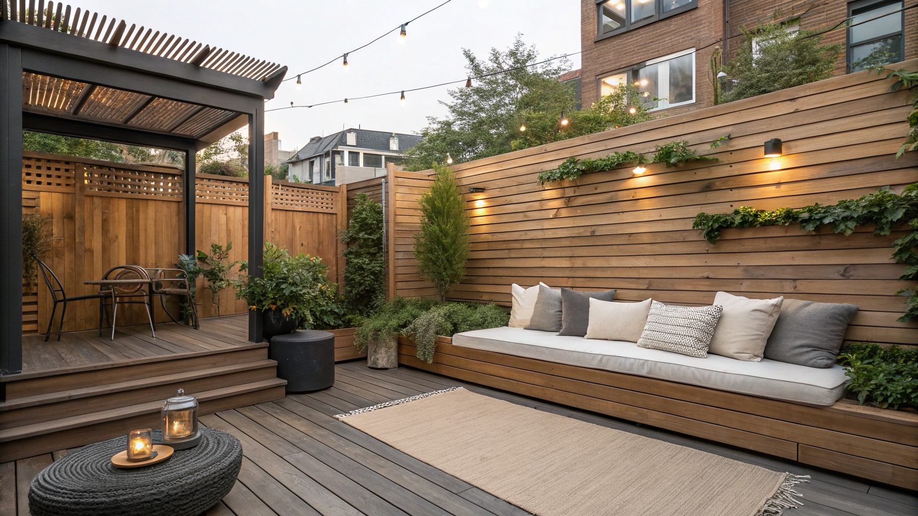 Modern deck with cushioned wooden bench, woven rug, lantern, and string lights.