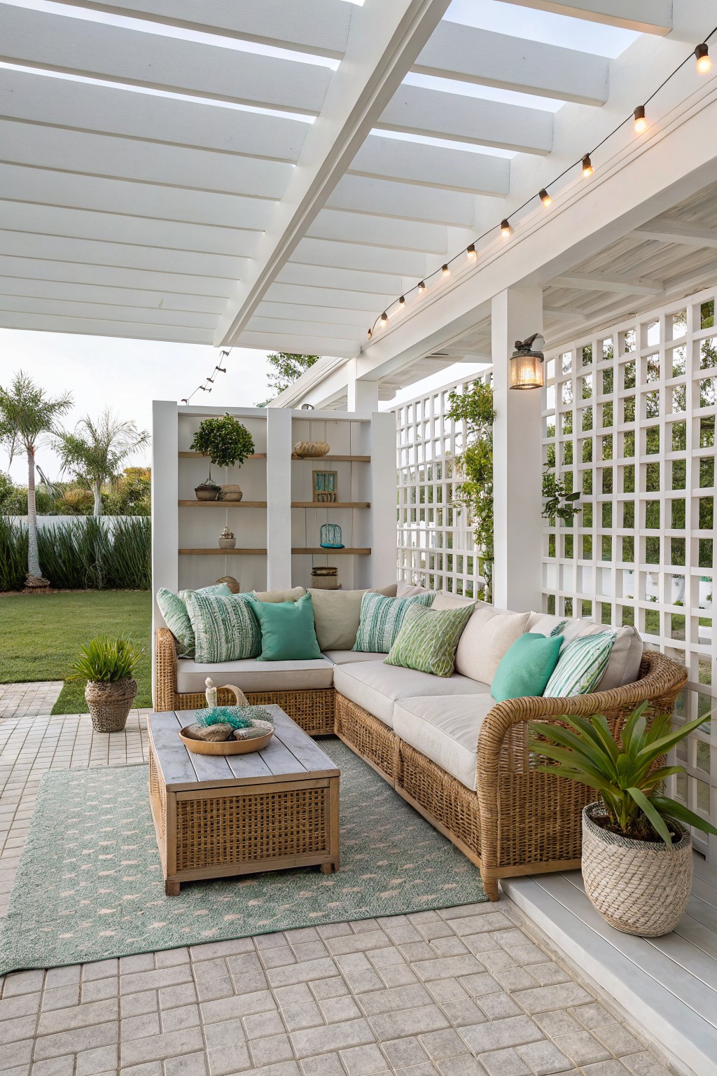 An outdoor covered patio featuring a wicker sectional sofa, coffee table on a rug, and a white lattice privacy screen along the right side.