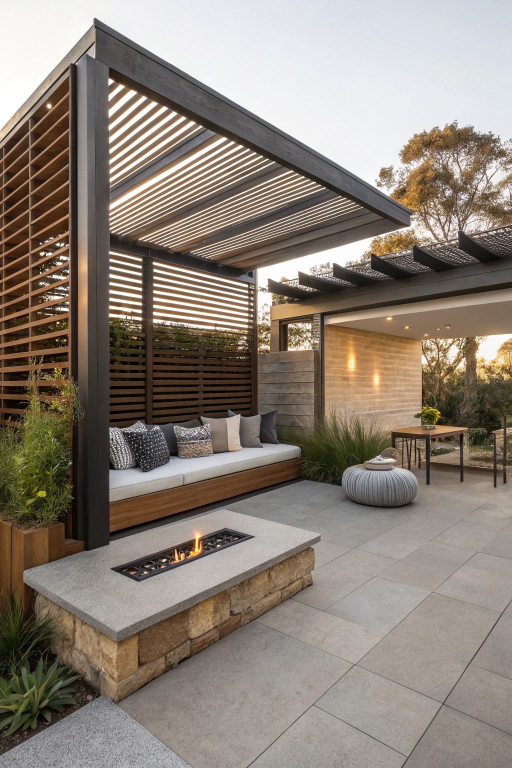 An outdoor patio features a built-in bench with pillows beneath a dark slatted pergola, a rectangular stone fire pit in the foreground, and surrounding plants and trees.