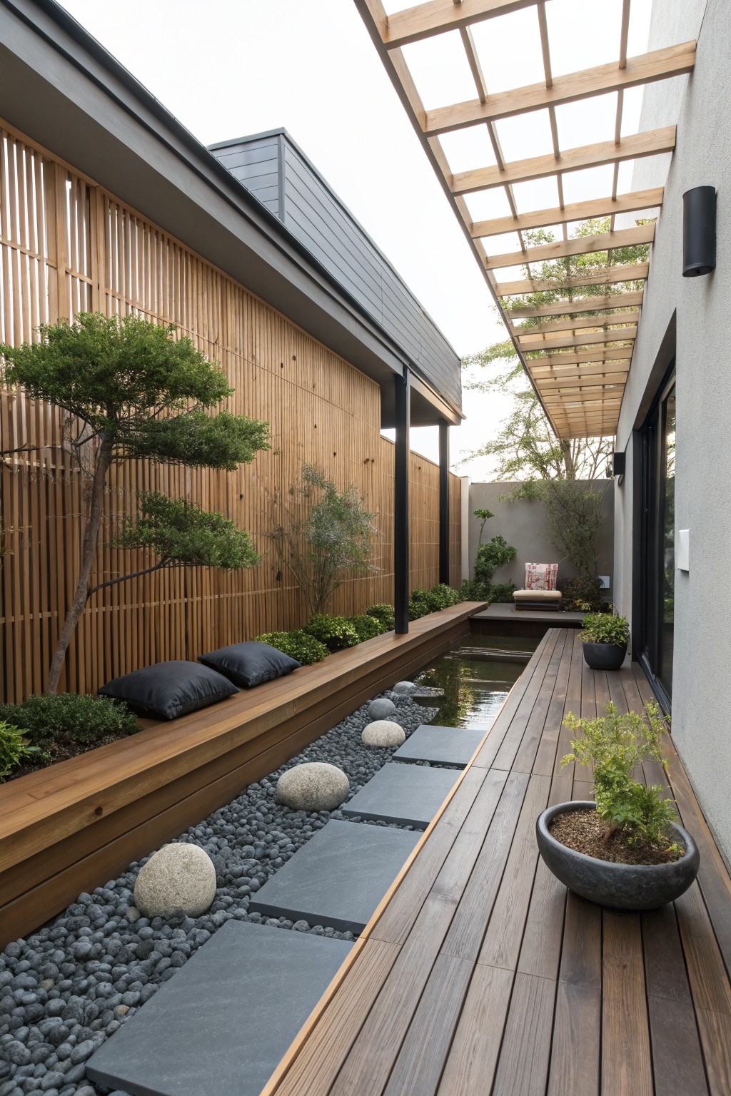 Modern zen courtyard with wooden deck, narrow pond, and stepping stones.