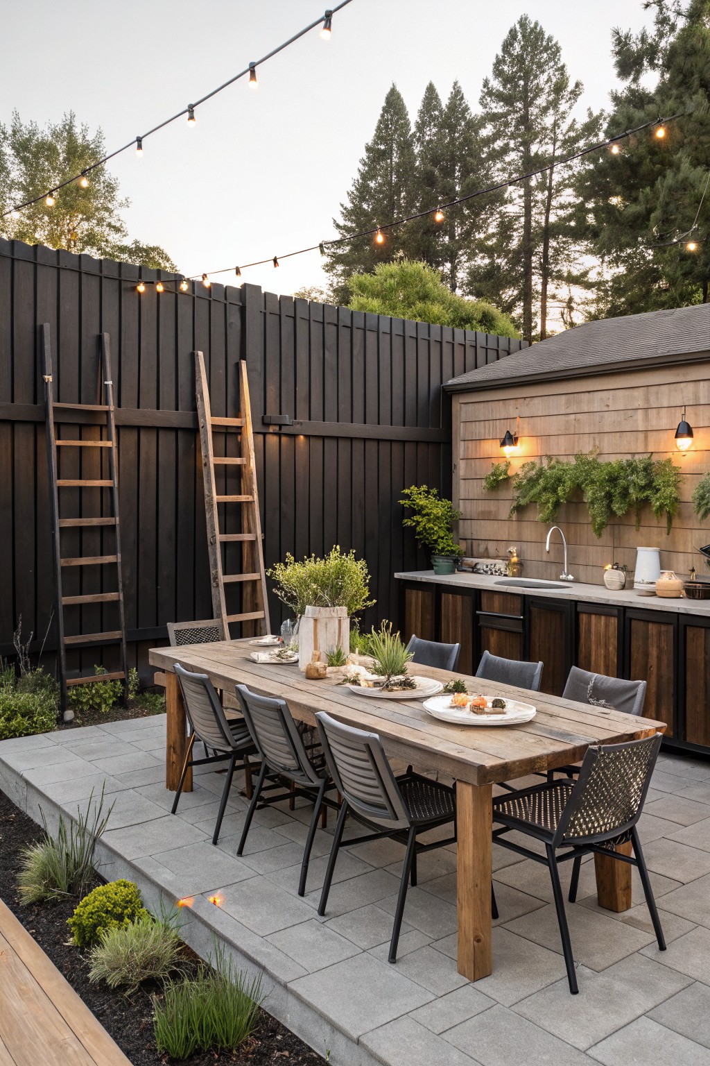 Outdoor patio with a long wooden dining table set with plates, surrounded by mixed chairs, string lights above, a tall dark fence behind, and an outdoor kitchen area to the right.