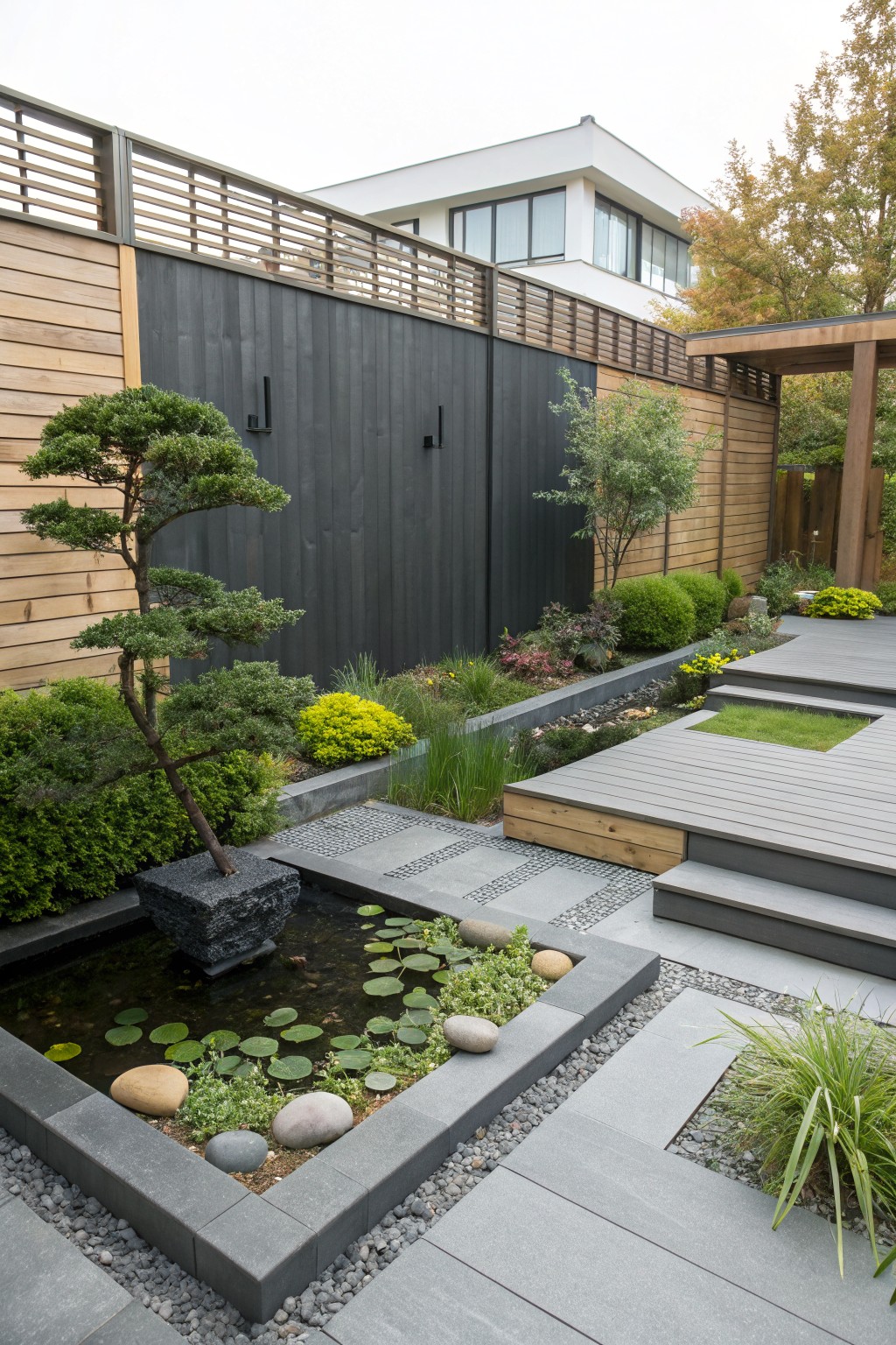 A modern backyard with a rectangular stone-edged pond containing aquatic plants, surrounded by gravel paths, gray pavers, and a raised wooden deck.