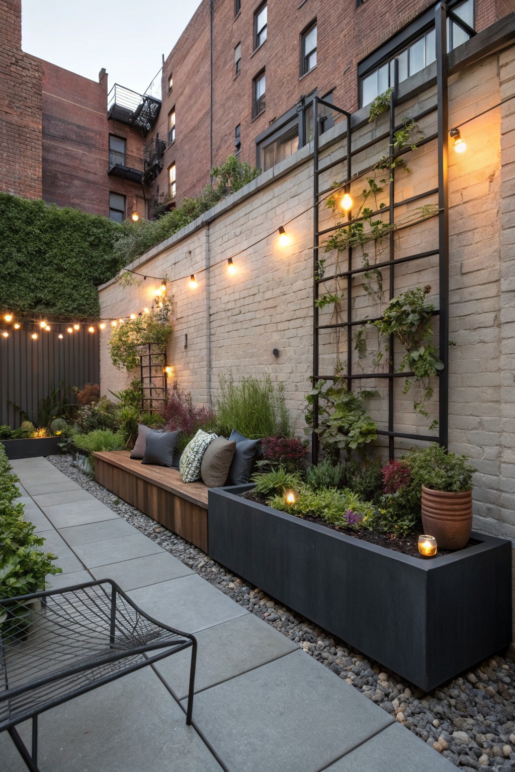 A narrow urban backyard with a long raised black planter, wooden bench with cushions, climbing vines on a black metal wall grid, and string lights along a brick wall.