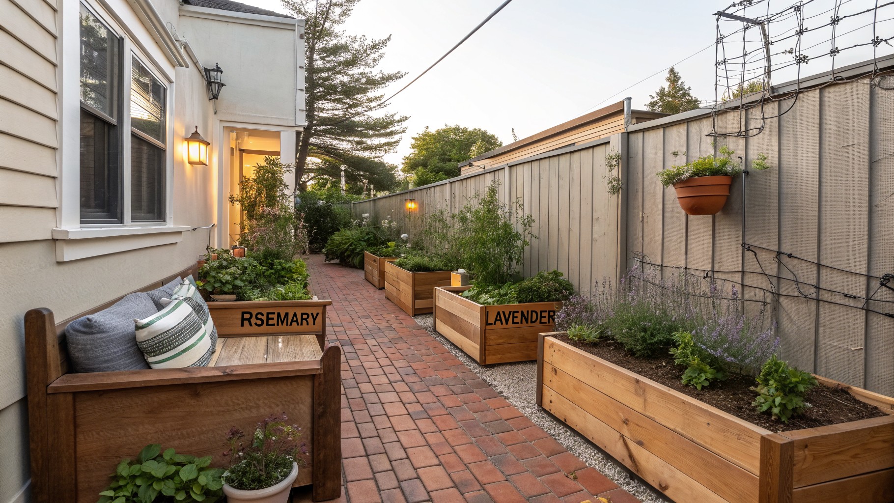 A narrow backyard garden with wooden raised beds along a brick path, herb labels on the beds, and potted plants on a trellis against a wooden fence.