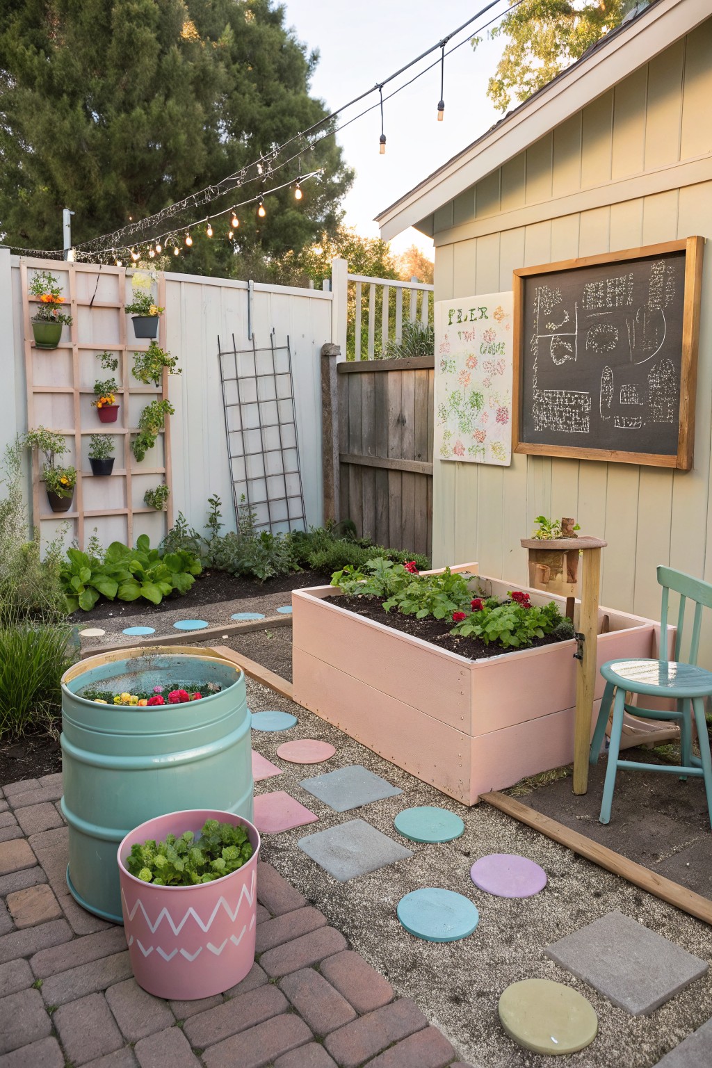 A small backyard garden with a pink wooden raised bed, large teal barrel planters, colorful stepping stones on gravel, and vertical plant shelves on a white fence.