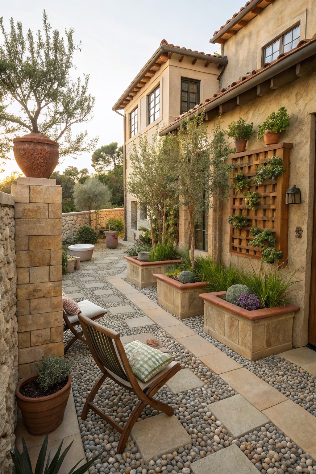 Mediterranean courtyard with wooden chairs, terracotta planters, stone path, and stucco house.