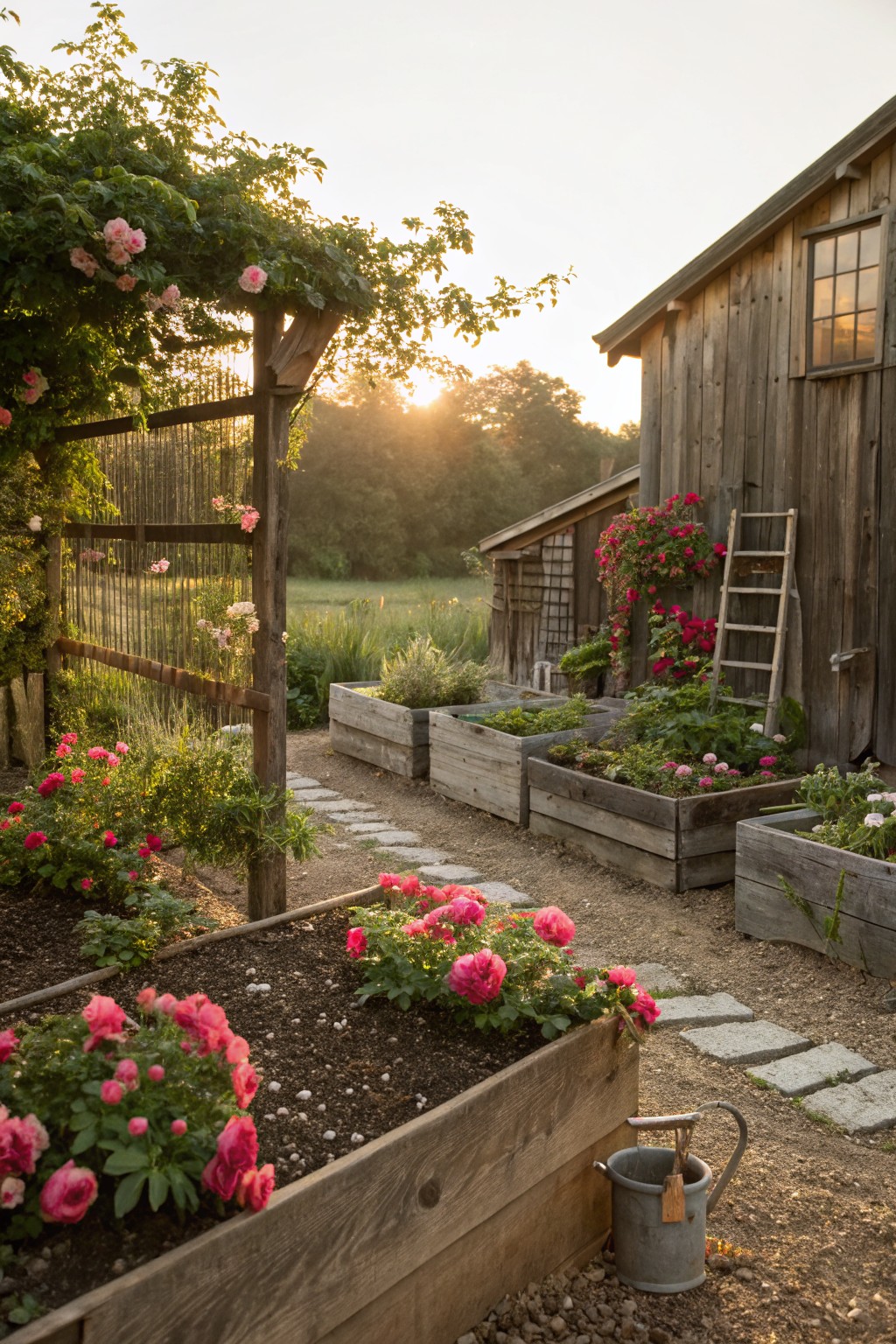 Rustic wooden raised beds blooming with pink roses beside a weathered barn at sunset.