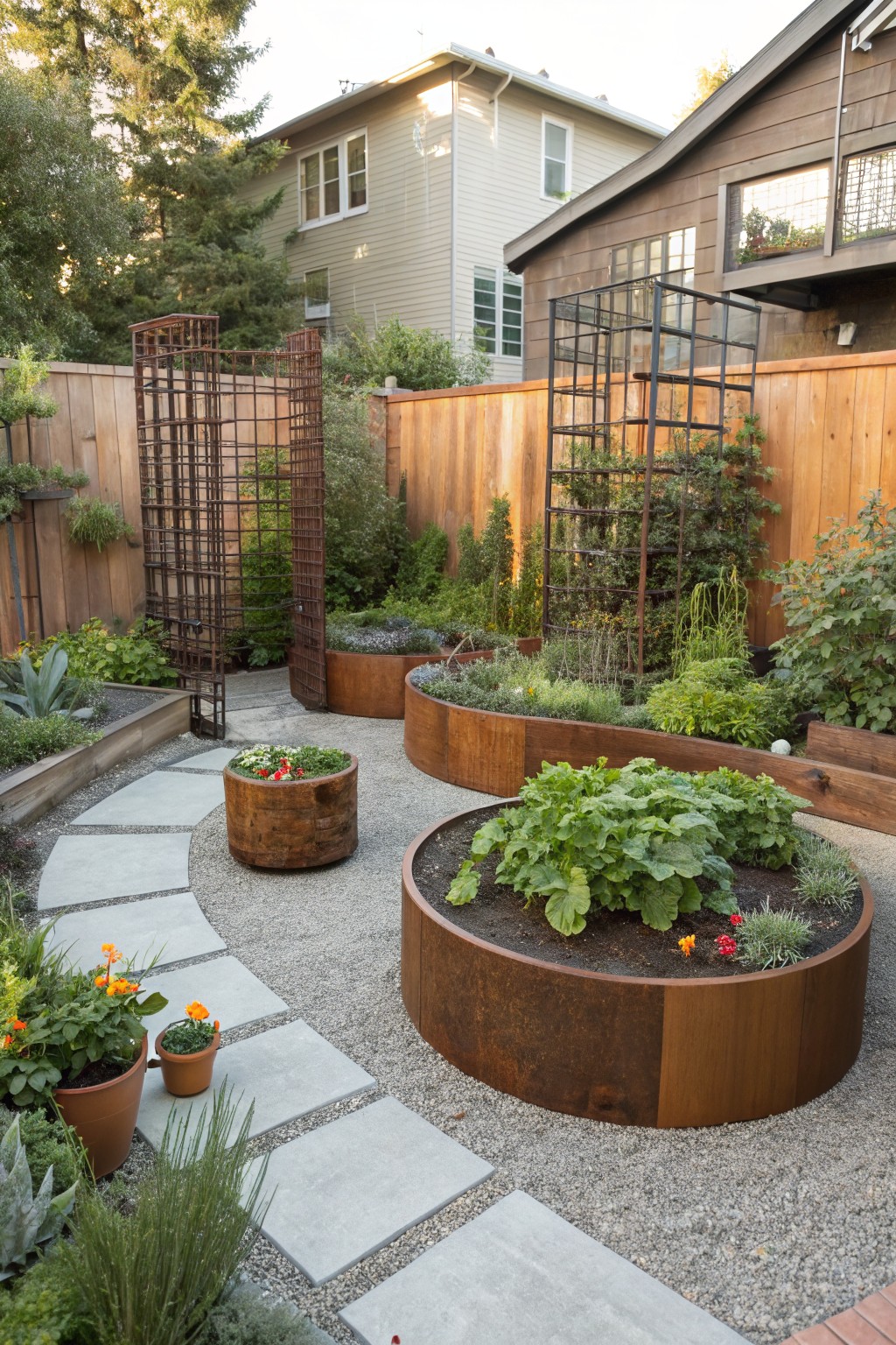 A small backyard garden featuring curved rusty metal raised beds, tall wire trellises with climbing plants, gravel ground cover, and concrete stepping stones.