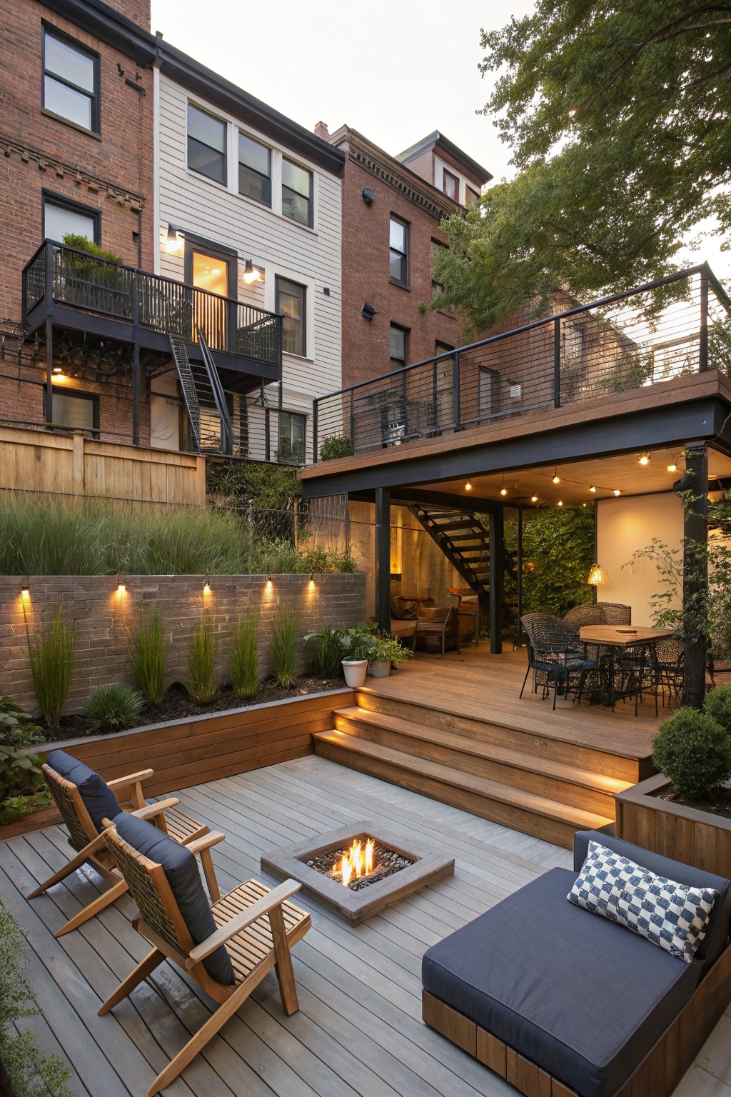 Multi-level backyard deck with a lower fire pit lounge and upper dining area, surrounded by townhouse buildings and railings.