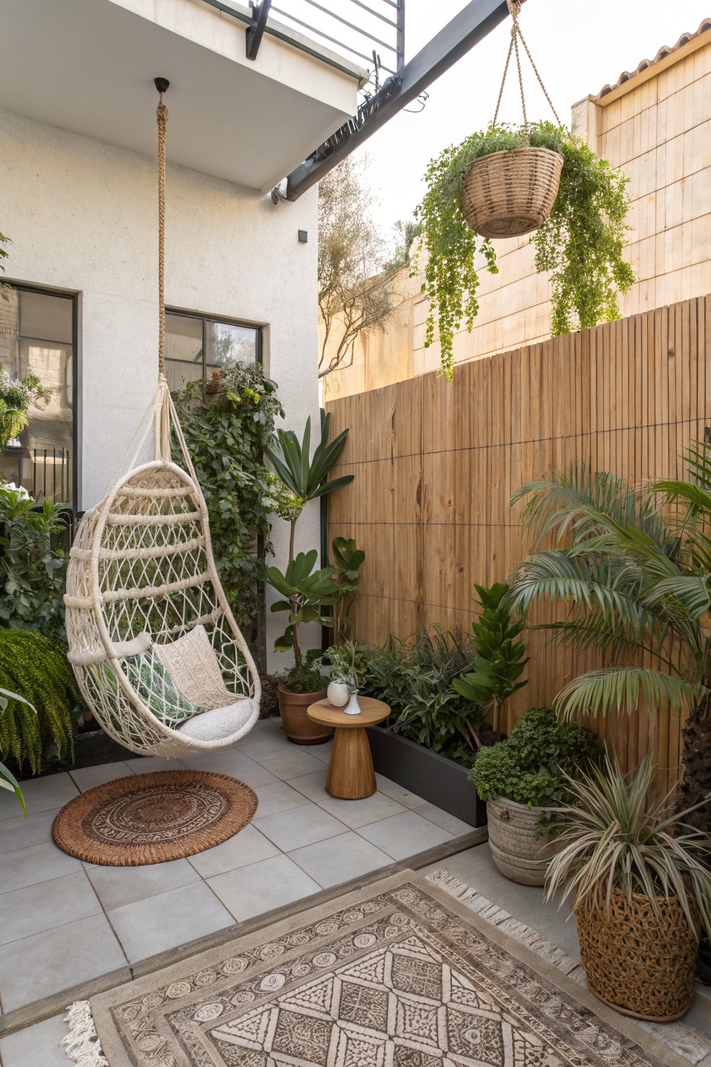Hanging macrame chair on patio with plants, rugs, and wooden accents