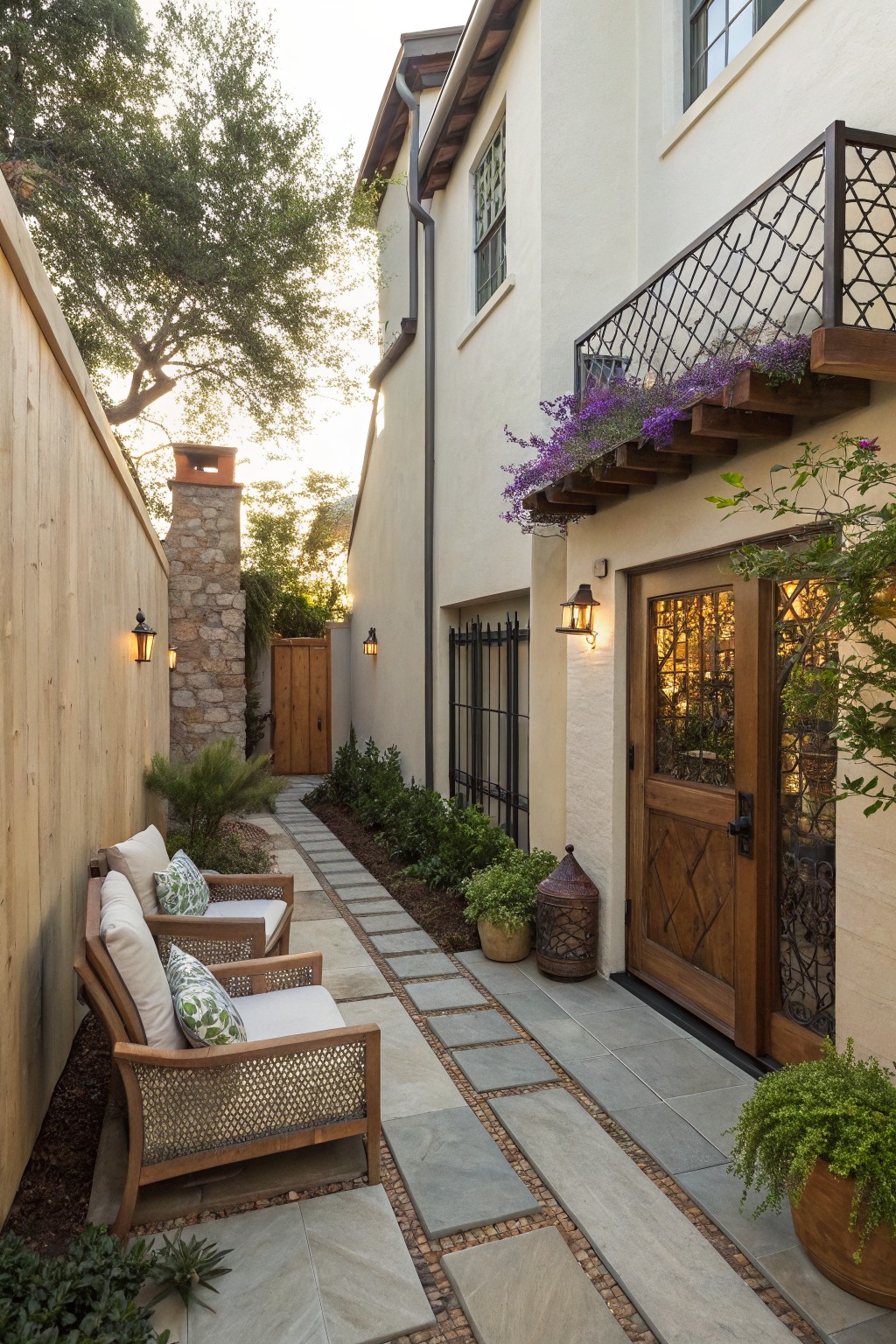 A narrow stone-paved walkway beside a wooden fence with two cushioned wooden armchairs, leading past a house wall with a wooden door and overhead balcony.