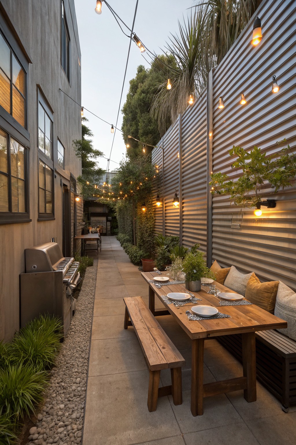 A narrow paved backyard with a long wooden dining table and bench placed against a tall slatted fence, string lights overhead, and a stainless steel grill on the left.