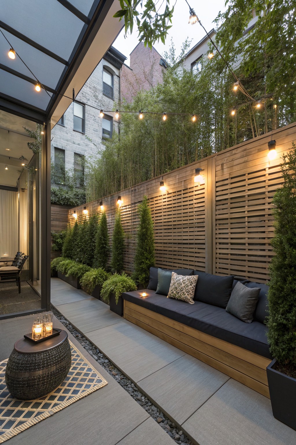 A narrow townhouse backyard with a long built-in wooden bench against a slatted fence, dark cushions, string lights overhead, and tall evergreen plants along the fence line.