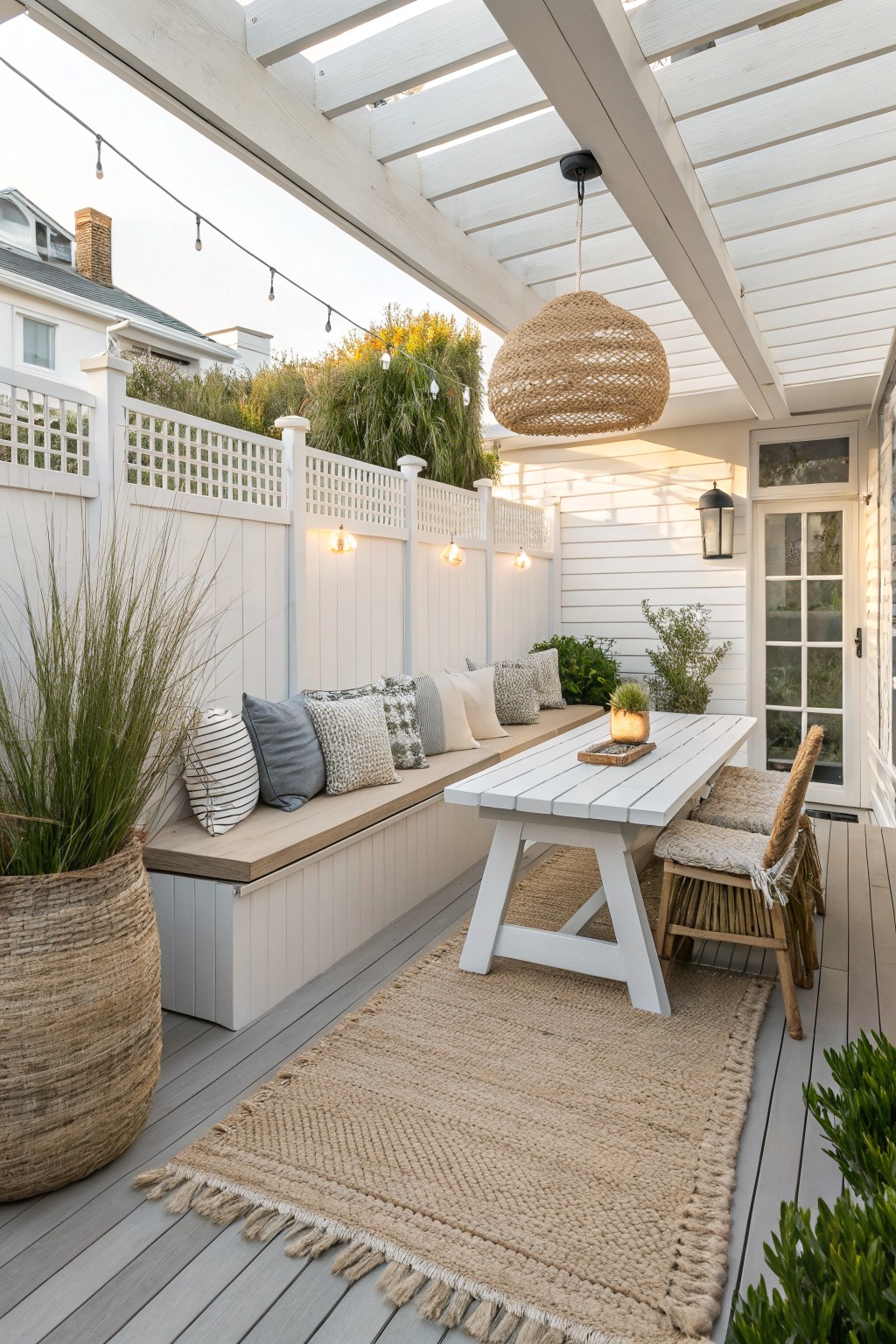Covered patio with a long white built-in bench against a fence topped with lattice, a white outdoor table, and two woven chairs on a large jute rug.
