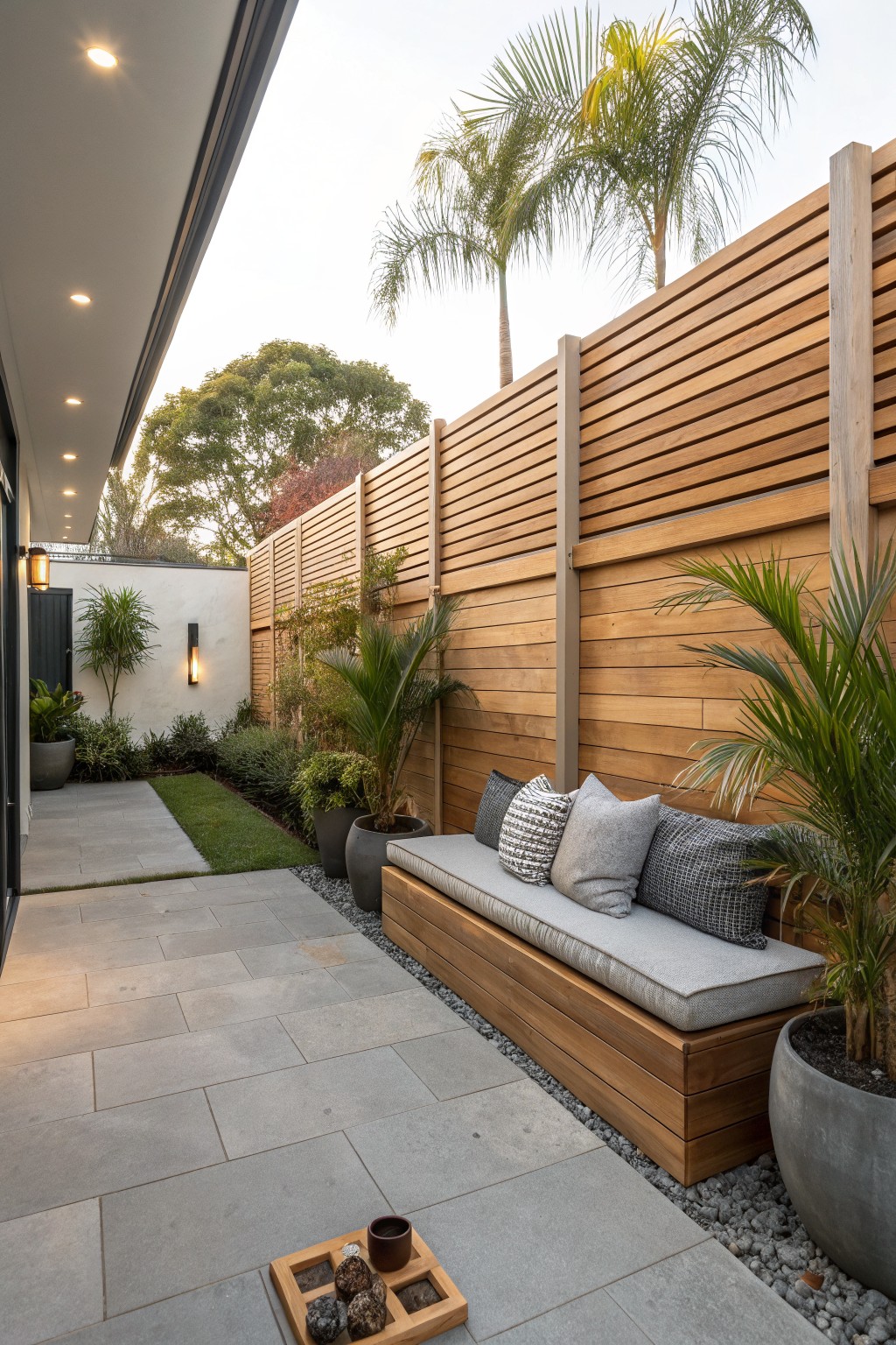 A long wooden built-in bench with gray cushions sits against a horizontal slat fence on a stone patio, bordered by gravel and large potted plants.