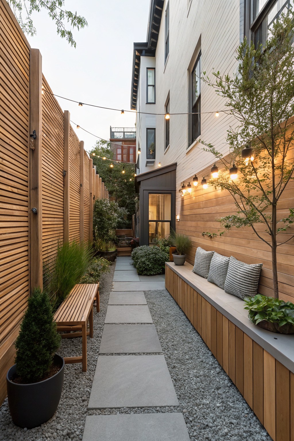 A narrow townhouse backyard with a concrete paver path, gravel edges, tall wooden fencing on both sides, string lights overhead, a freestanding bench on the left, and a long built-in bench with cushions on the right.