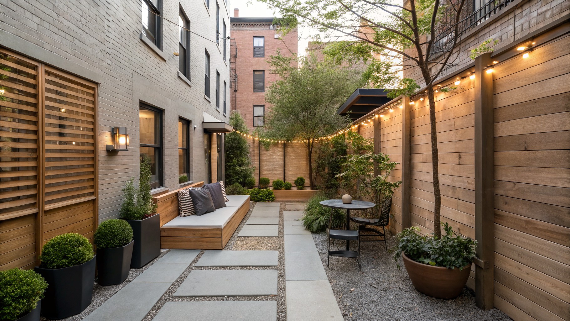 A narrow townhouse backyard with a concrete paver path, gravel edges, tall wooden fencing on both sides, string lights overhead, a freestanding bench on the left, and a long built-in bench with cushions on the right.