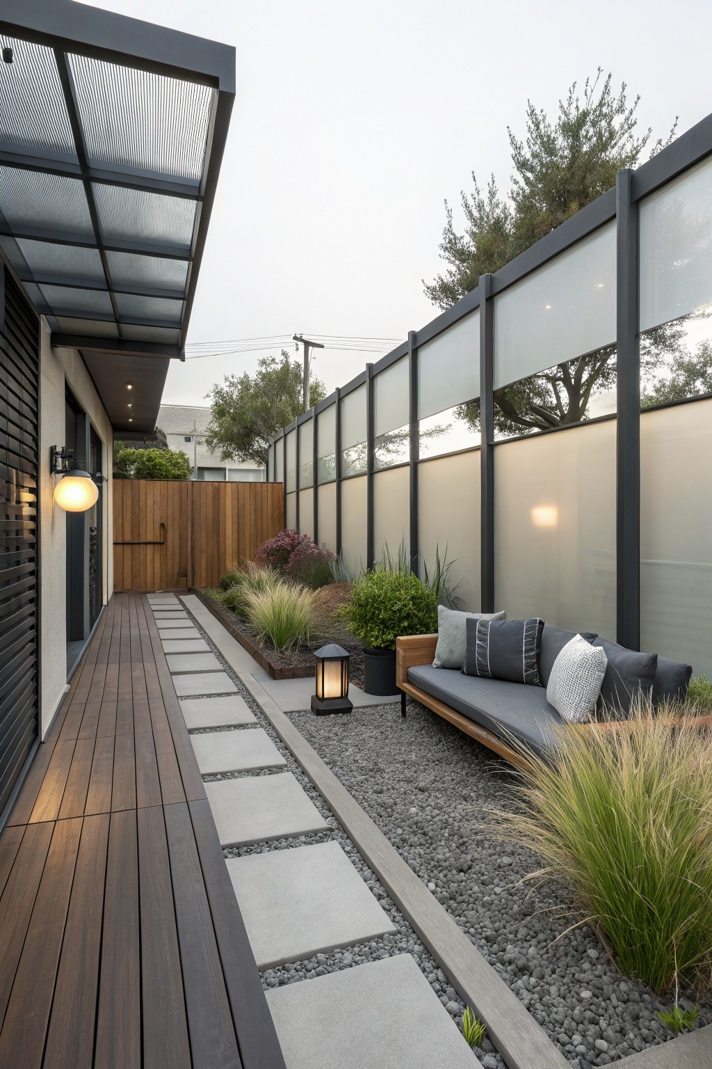 Narrow townhouse backyard with a wooden deck, gravel path, stepping stones, and a long bench set against a tall fence of frosted and clear glass panels.