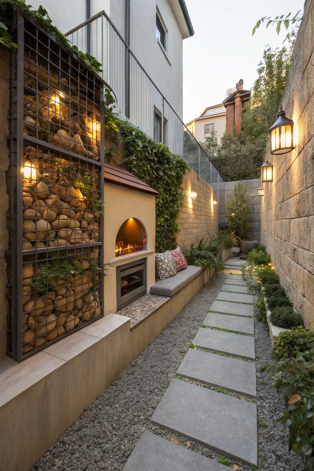 A narrow paved walkway runs between a tall gabion wall filled with rocks and plants on the left and a stone wall with lanterns on the right, with a built-in fireplace visible along the path.