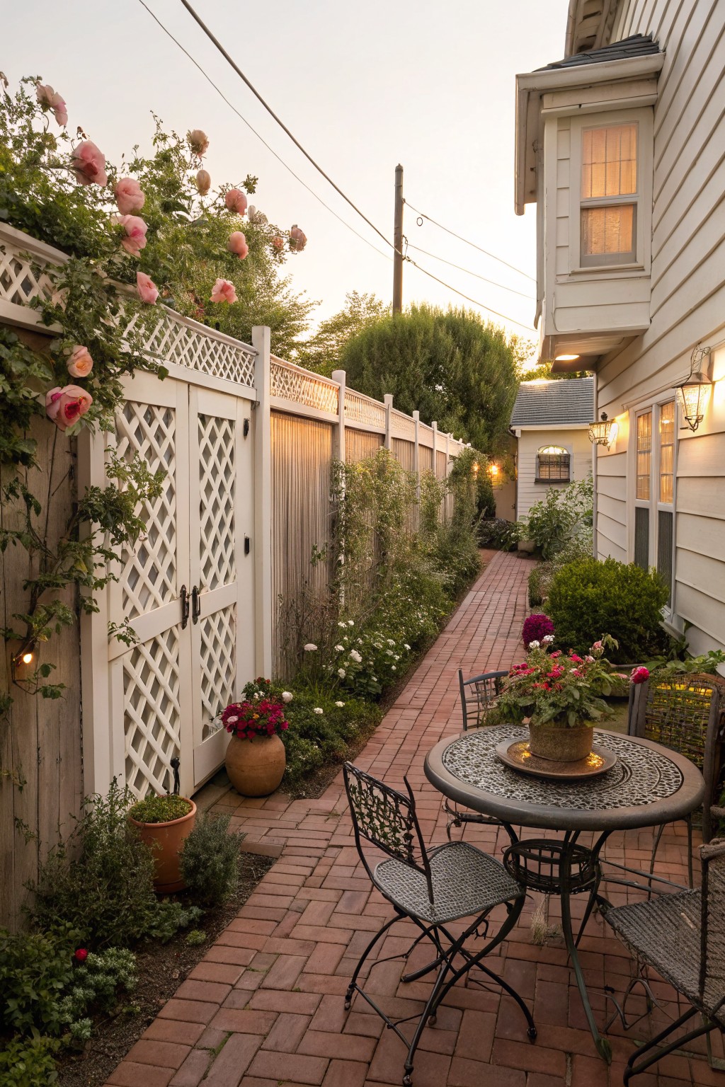 A narrow backyard patio with brick paving, a round metal table and chairs, and a white fence topped with lattice and covered in pink climbing roses.