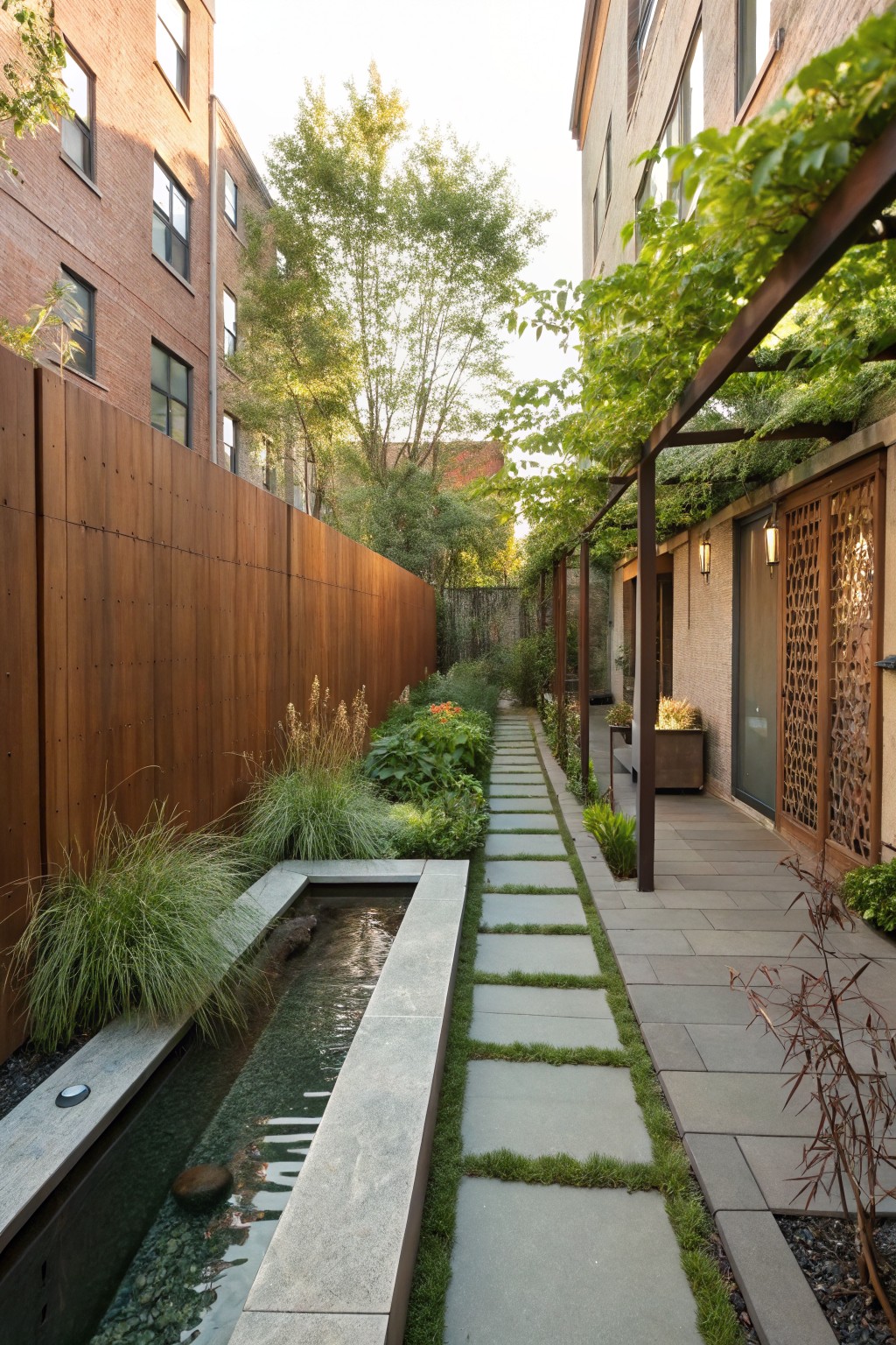 Narrow courtyard garden with water rill, stone path, pergola, and brick walls.