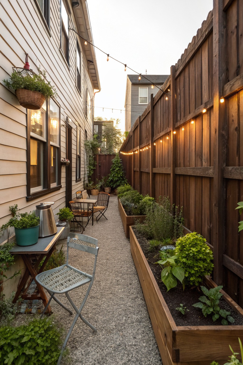 A narrow gravel path runs between a house and a tall wooden fence, with long raised garden beds planted along the fence and string lights overhead.