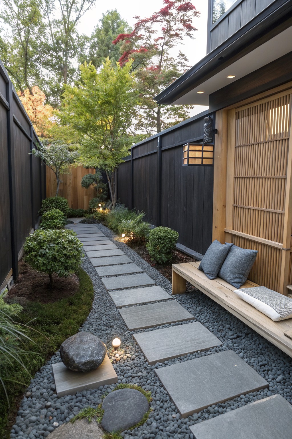 A narrow backyard path of rectangular gray stepping stones set in gravel, lined with shrubs and a wooden bench against a dark fence.