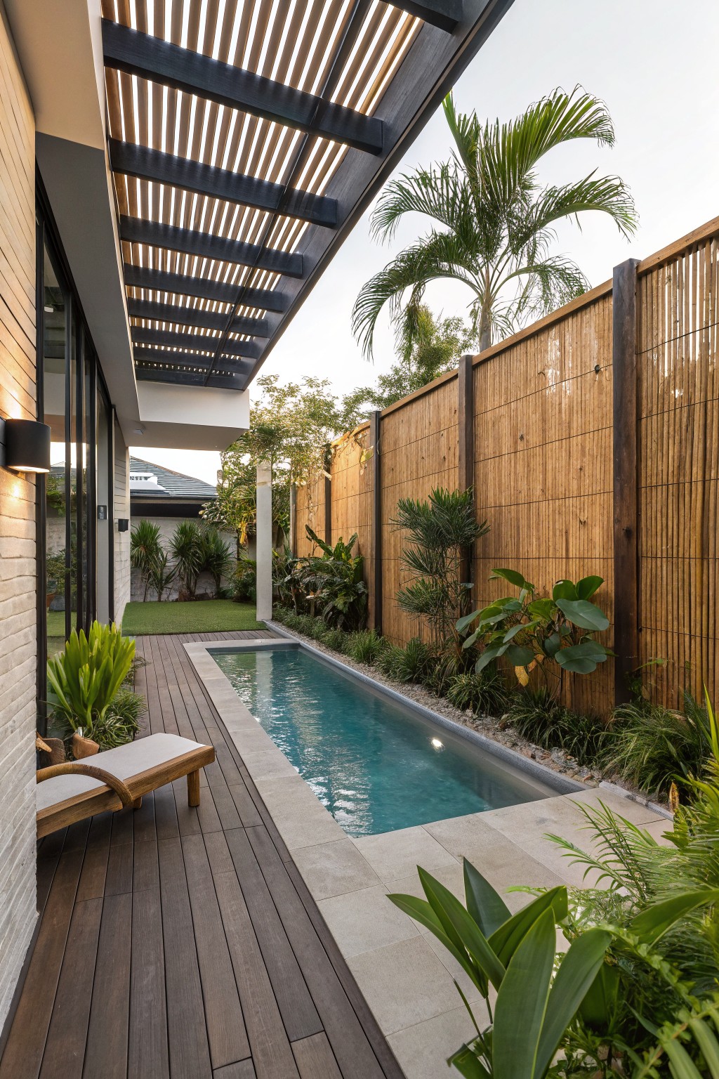 A narrow backyard with a long pool, dark wood deck, lounge chair, and tall wooden fence lined with layered green plants under a slatted overhead structure.