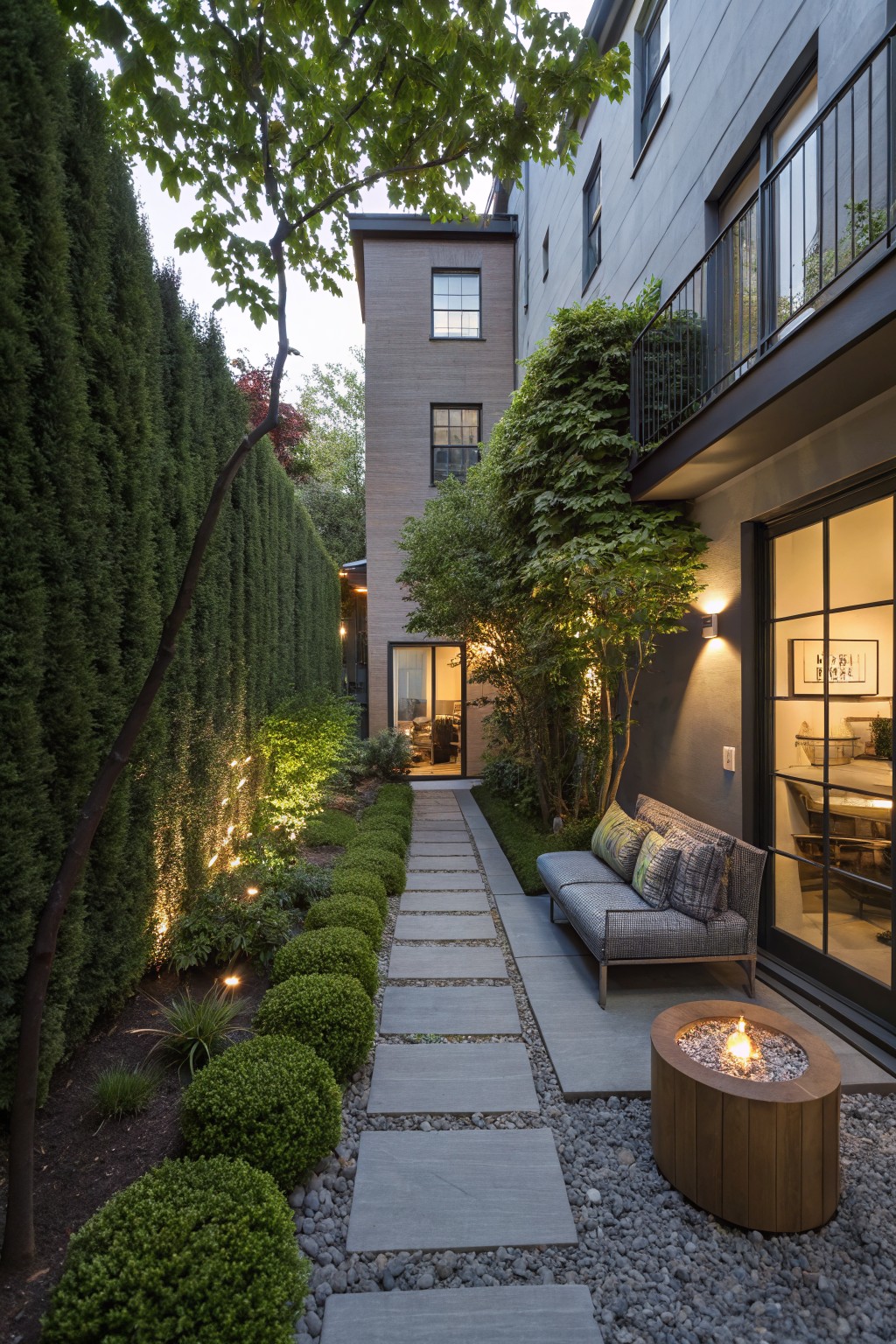 A narrow townhouse backyard features a stone path bordered by tall evergreen hedges on the left and a modern building with a fire pit and outdoor sofa on the right.
