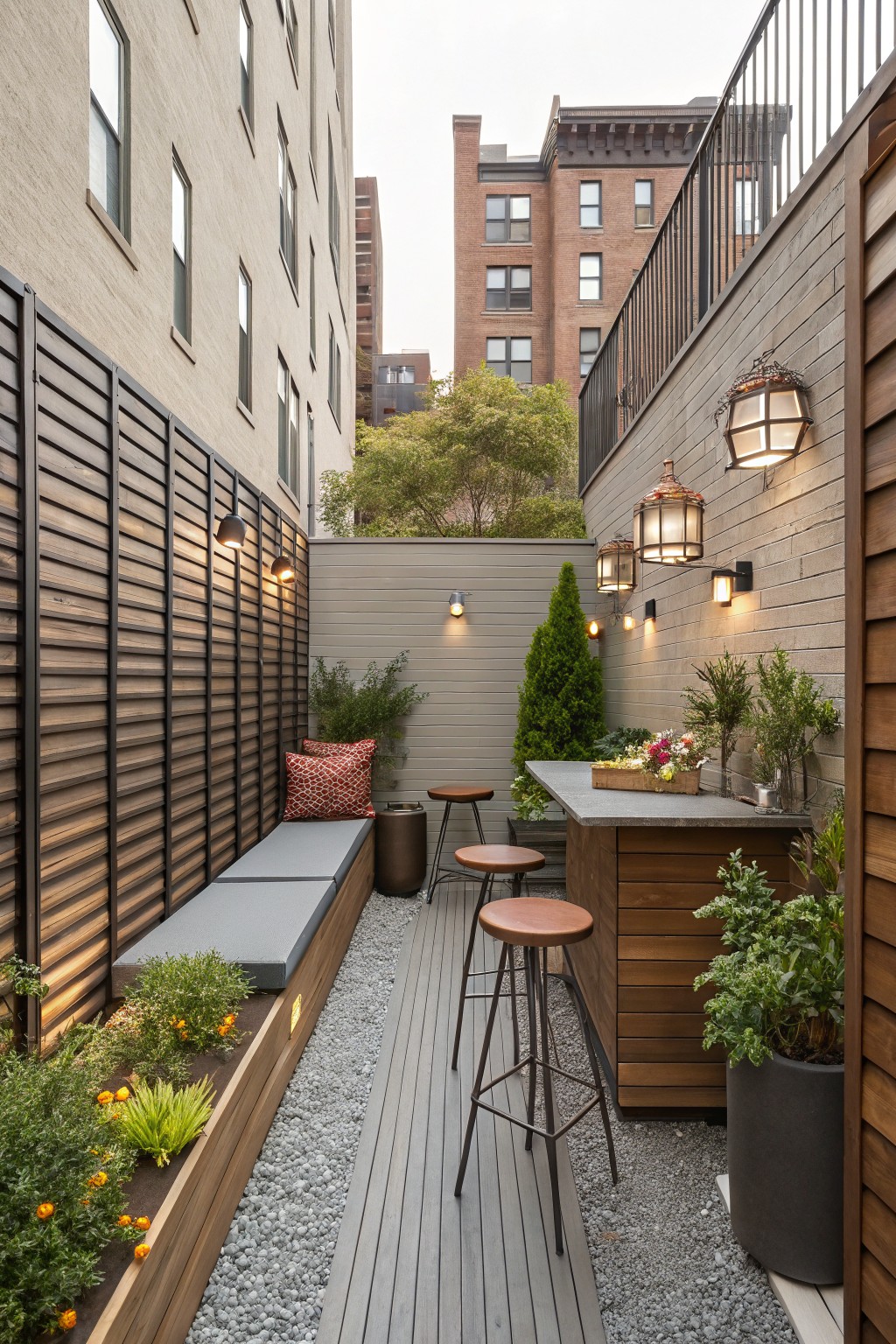 Narrow urban patio with outdoor bar, stools, cushioned bench, plants, and lanterns.